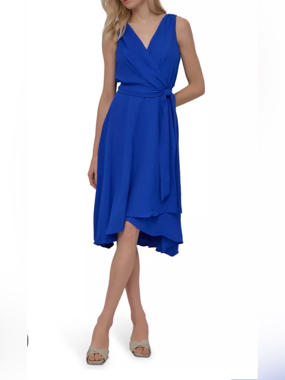DKNY Cobalt Blue Sleeveless High Low Faux Wrap Tie Waist Midi Dress | Size 12